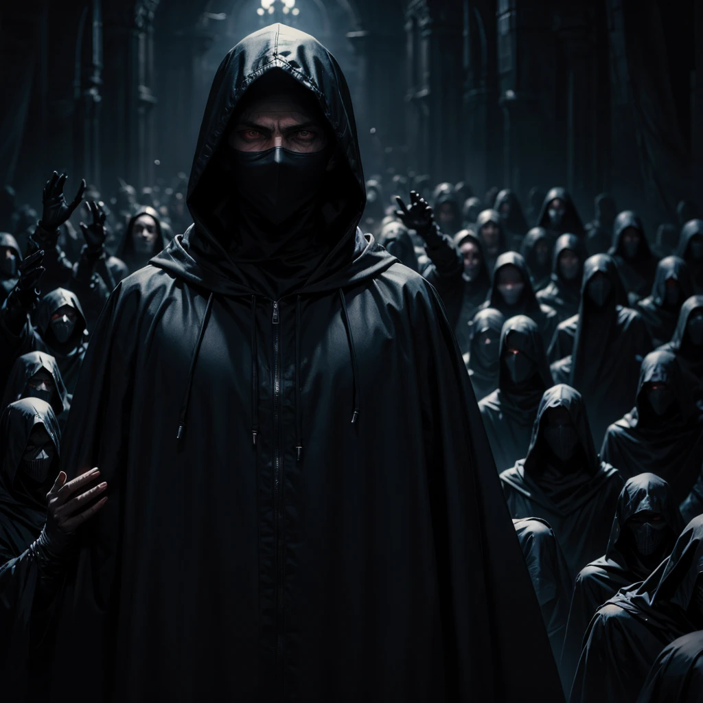 A dark and mysterious man with a black habit and hood and a completely obscured face surrounded by a population of demons and vampires waving towards the camera