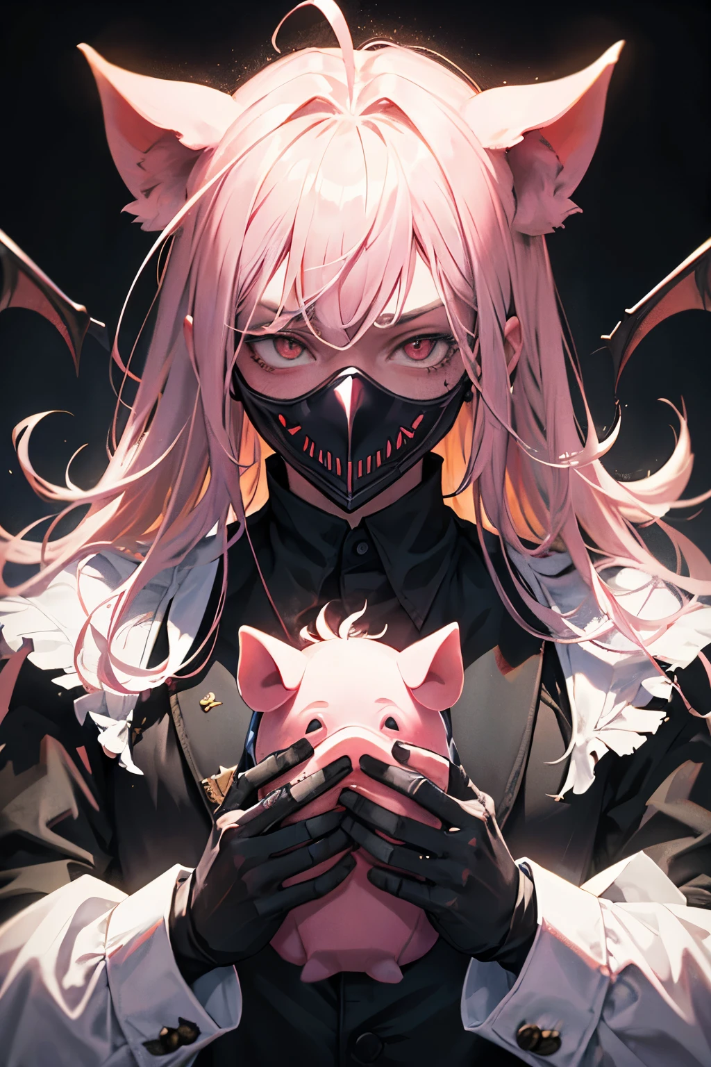 Man wearing creepy pig mask, wearing demonic villain outfit