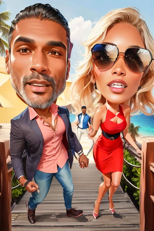 Digital drawing of a Brown Man, wearing a blazer and a blue shirt, denim pants and black sneakers, with a blonde woman pulling him by the navy blue tie, the woman wearing a tight red dress, red high heel shoes, on the sidewalk The couple brings a landscape of a paradisiacal beach, best quality, 8k