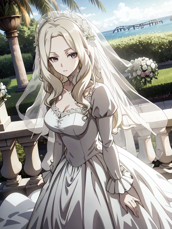 back focus,(wedding dress:1.2),Teresa,,wavy hair,pale skin,looking at view,park,(cleavage:0.8),contemptuous expression,best quality