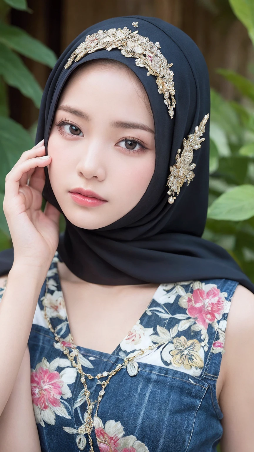 Create an ultra-realistic, photorealistic image of a 30-year-old Malaysian woman wearing a hijab. The woman should have a perfect body, glossy lips, big eyelashes with eyeliner, and double eyelids. She should be wearing a traditional Malay hijab made of silk with floral prints, complemented by a head chain.

The background should be a traditional Malay village with wooden houses and palm trees. The woman should be in a thoughtful pose, looking straight at the camera, with her hands folded in front. The overall style should be super cute with elements of surrealism integrated into the design. Ensure the lighting and textures are detailed to achieve a highly realistic and captivating effect.