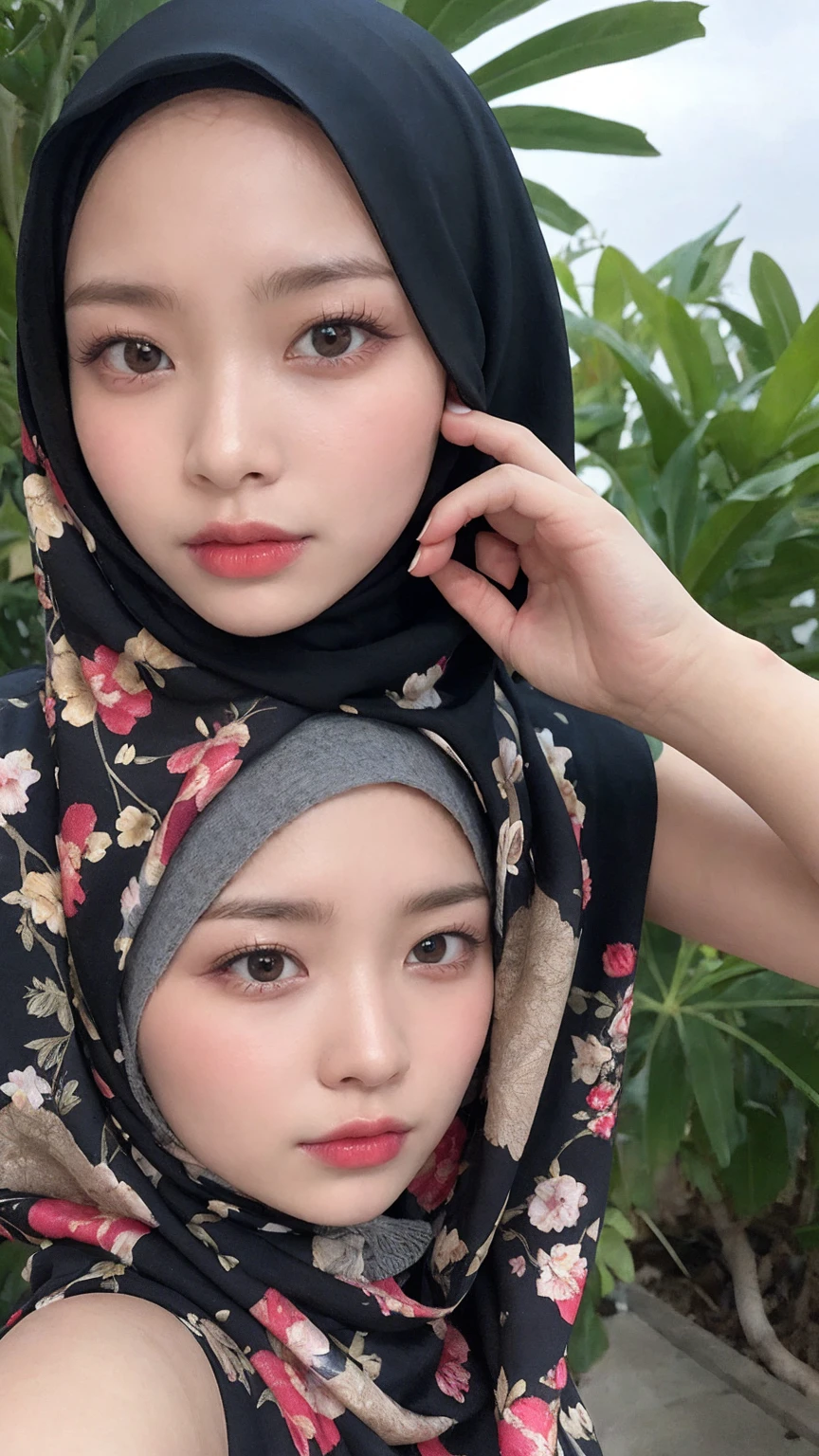 Create an ultra-realistic, photorealistic image of a 30-year-old Malaysian woman wearing a hijab. The woman should have a perfect body, glossy lips, big eyelashes with eyeliner, and double eyelids. She should be wearing a traditional Malay hijab made of silk with floral prints, complemented by a head chain.
The background should be a traditional Malay village with wooden houses and palm trees. The woman should be in a thoughtful pose, looking straight at the camera, with her hands folded in front. The overall style should be super cute with elements of surrealism integrated into the design. Ensure the lighting and textures are detailed to achieve a highly realistic and captivating effect.
