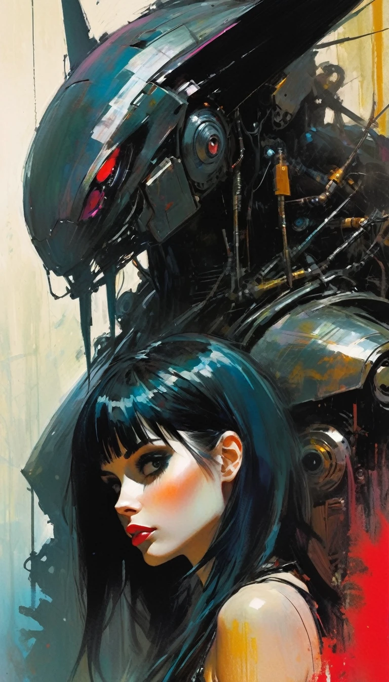 gothic punk sexy girl in love with robot giant monster (inspirational art by Bill Sienkiewicz, oil painting, details of brush strokes that enhance depth)
