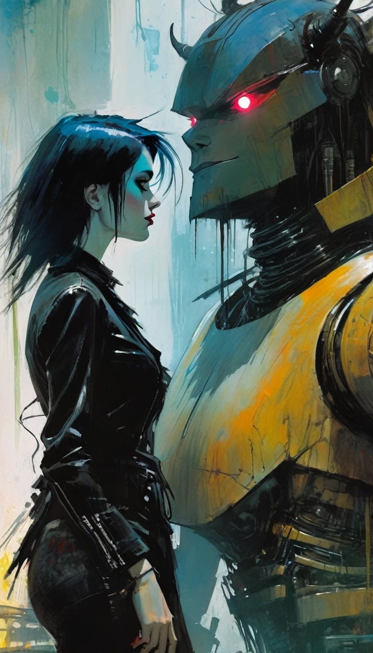 gothic punk sexy girl in love with robot giant monster (inspirational art by Bill Sienkiewicz, oil painting, details of brush strokes that enhance depth)