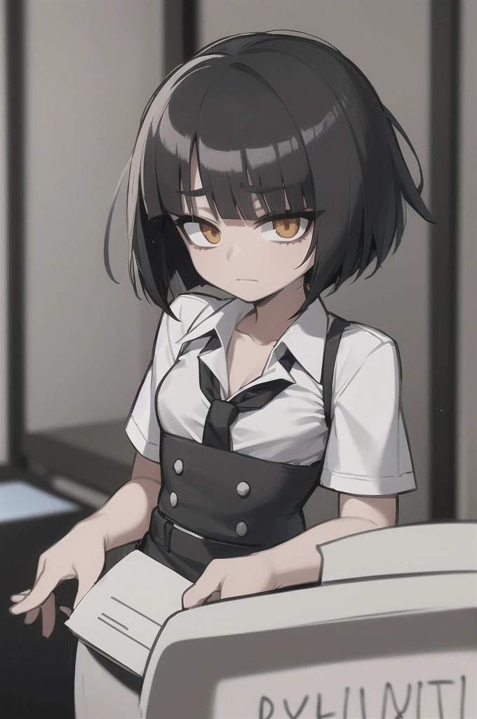 ((masterpiece, best quality)), (1girl), (solo), (female focus),, (women's office wear) (((((shy girl))))), (((full body drawing))), ((((small breasts)))), (((pear-shaped body))), ((((Mikoto Urabe Mysterious Girlfriend X anime style haircut)))), ((((hair bangs over eyes)))), (((black short messy bob-cut))), (((eyes not visible due to being covered by hair bangs))), ((black high-waist long slacks)), ((black suspenders)), (((black tie))), (((white dress shirt))), ((women's dress shoes)), (((20-year-old Office Lady))), ((((Office Setting)))).
