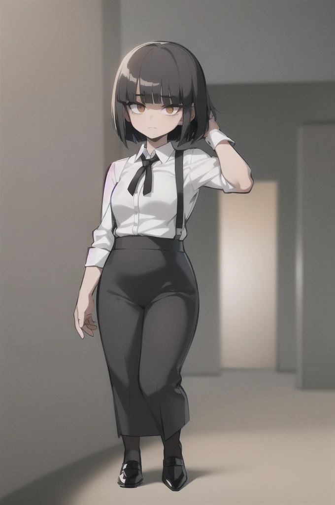 ((masterpiece, best quality)), (1girl), (solo), (female focus),, (women's office wear) (((((shy girl))))), (((full body drawing))), ((((small breasts)))), (((pear-shaped body))), ((((Mikoto Urabe Mysterious Girlfriend X anime style haircut)))), ((((hair bangs over eyes)))), (((black short messy bob-cut))), (((eyes not visible due to being covered by hair bangs))), ((black high-waist long slacks)), ((black suspenders)), (((black tie))), (((white dress shirt))), ((women's dress shoes)), (((20-year-old Office Lady))), ((((Office Setting)))).
