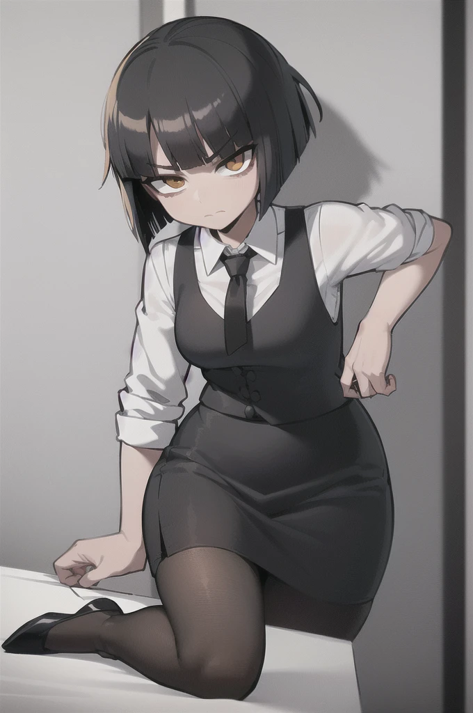 ((masterpiece, best quality)), (1girl), (solo), (female focus),, (women's office wear) (((((shy girl))))), (((full body drawing))), ((((small breasts)))), (((pear-shaped body))), ((((Mikoto Urabe Mysterious Girlfriend X anime style haircut)))), ((((hair bangs over eyes)))), (((black short messy bob-cut))), (((eyes not visible due to being covered by hair bangs))), ((black high-waist long slacks)), ((black suspenders)), (((black tie))), (((white dress shirt))), ((women's dress shoes)), (((20-year-old Office Lady))), ((((Office Setting)))).