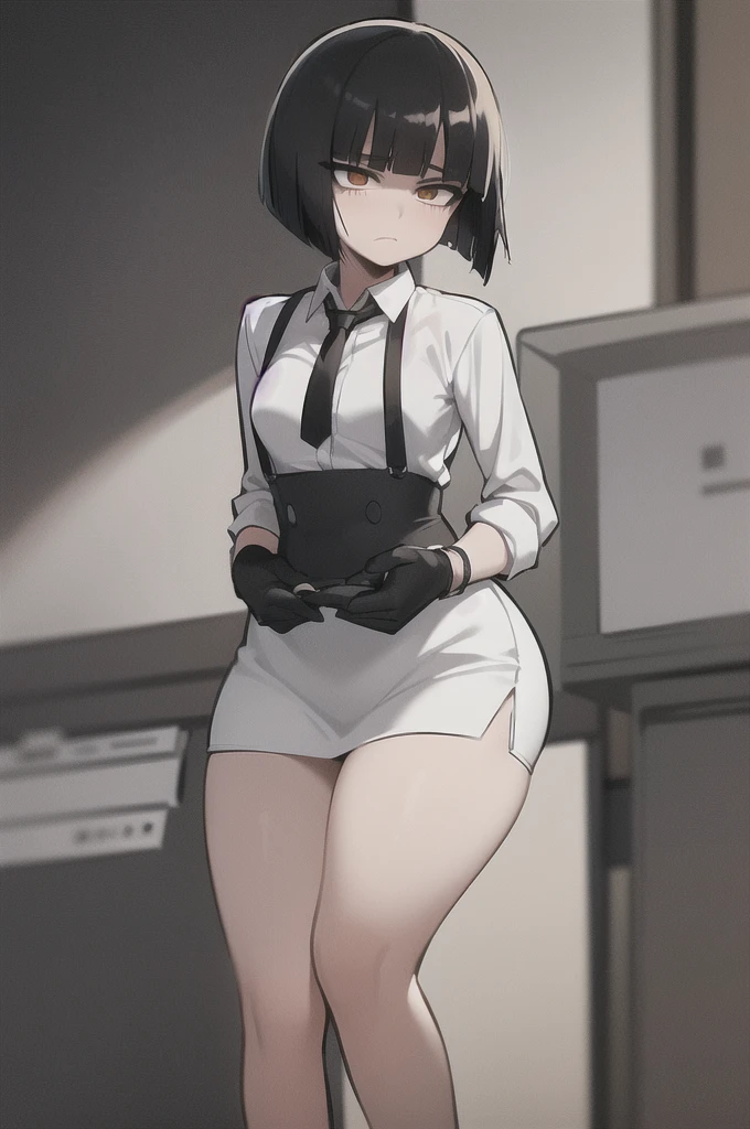 ((masterpiece, best quality)), (1girl), (solo), (female focus),, (women's office wear) (((((shy girl))))), (((full body drawing))), ((((small breasts)))), (((pear-shaped body))), ((((Mikoto Urabe Mysterious Girlfriend X anime style haircut)))), ((((hair bangs over eyes)))), (((black short messy bob-cut))), (((eyes not visible due to being covered by hair bangs))), ((black high-waist long slacks)), ((black suspenders)), (((black tie))), (((white dress shirt))), ((women's dress shoes)), (((20-year-old Office Lady))), ((((Office Setting)))).
