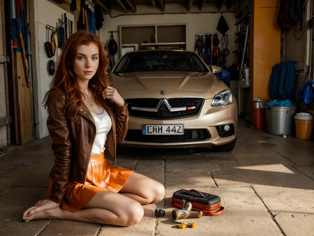 (((Masterpiece))), 25-year-old Caucasian French girl with shoulder-length messy red hair, adorned with an orange crystal glow, blooming hair akin to . Certainly!
She is sitting on the floor, dressed in a skirt and a leather jacket, holding a bottle (her hands positioned as if she were advertising a product). She is in a garage, with tools and such visible in the background