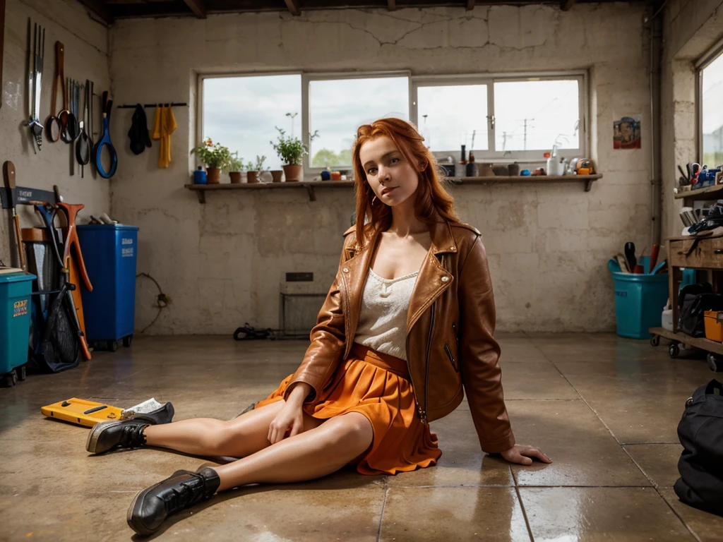 (((Masterpiece))), 25-year-old Caucasian French girl with shoulder-length messy red hair, adorned with an orange crystal glow, blooming hair akin to . Certainly!
She is sitting on the floor, dressed in a skirt and a leather jacket, holding a bottle (her hands positioned as if she were advertising a product). She is in a garage, with tools and such visible in the background