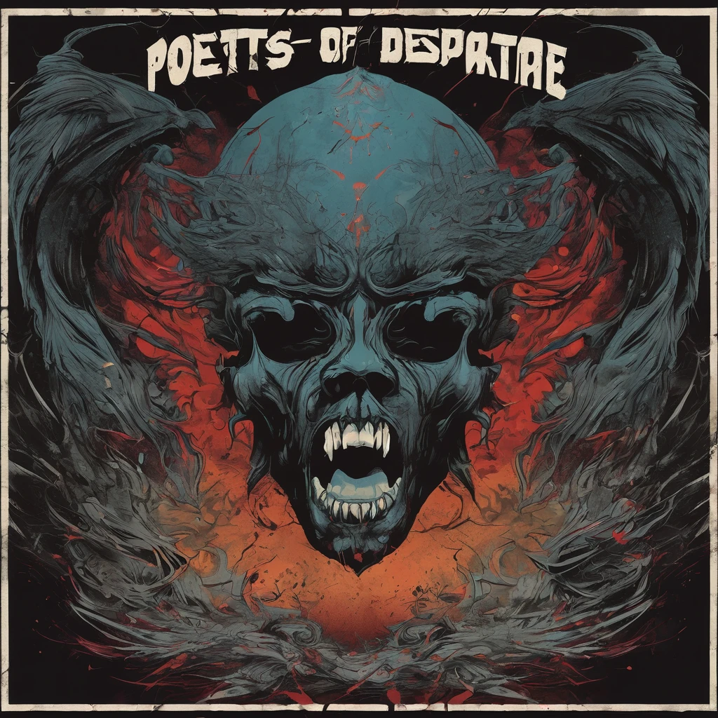 Create an album cover for the metalcore song titled 'Poets of the Desperate' by the band '8K'. The art should represent the theme of 'screaming my choices out' with a powerful, intense visual. Depict a figure in the center, screaming out into a chaotic, dark background with elements of despair and struggle. Use sharp, dramatic lines and dark, gritty colors. Incorporate abstract shapes and intense lighting to enhance the feeling of desperation and expression. Include the band name '8K' and the song name 'Poets Of The Desperate' in bold, distressed fonts.