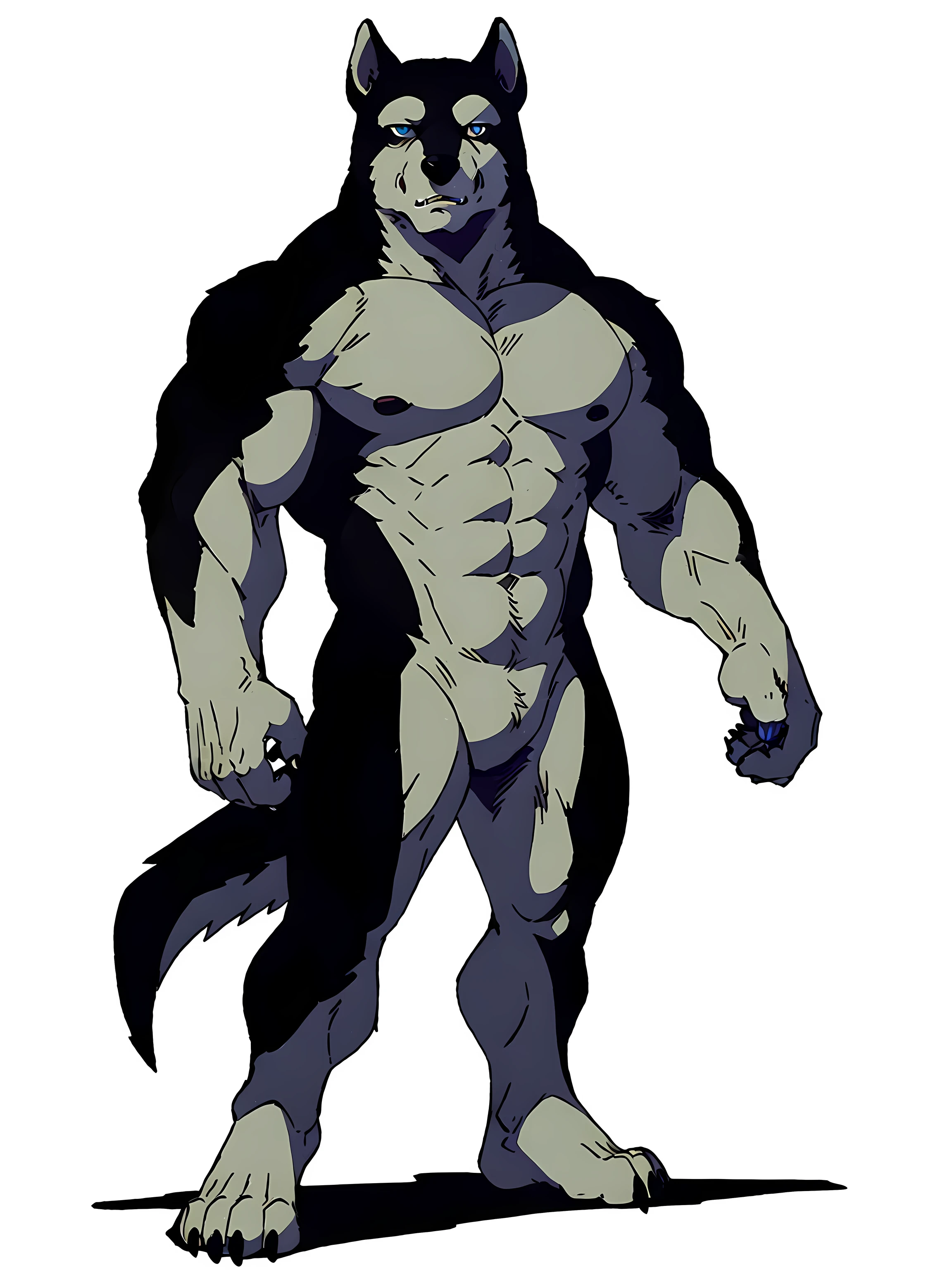 kisaragi (ginga), male, masculine, anthro body, full body, (muscular arms, muscular neck, muscular shoulders, muscular legs, muscular):1.5, (standing on cliffside, night, stars, full moon, strong shadows, dramatic shadows, rimlight):1.3, (pectorals, biceps):1.1, detailed, high quality, best resolution, solo, posing, standing, (forest background, blurry background):1.2, dog tail, by wfa, by taran fiddler, by echin:0.5, cel shaded, proud, majestic, detailed eyes, stern eyes, blue eyes,