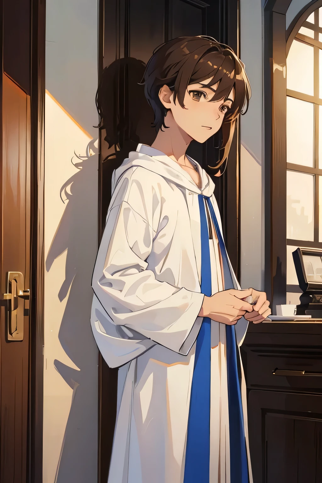 (visual novel sprite), 1male, dark brown hair, brown eyes, cute, pretty, white Greek tunic, open robes, small penis, 