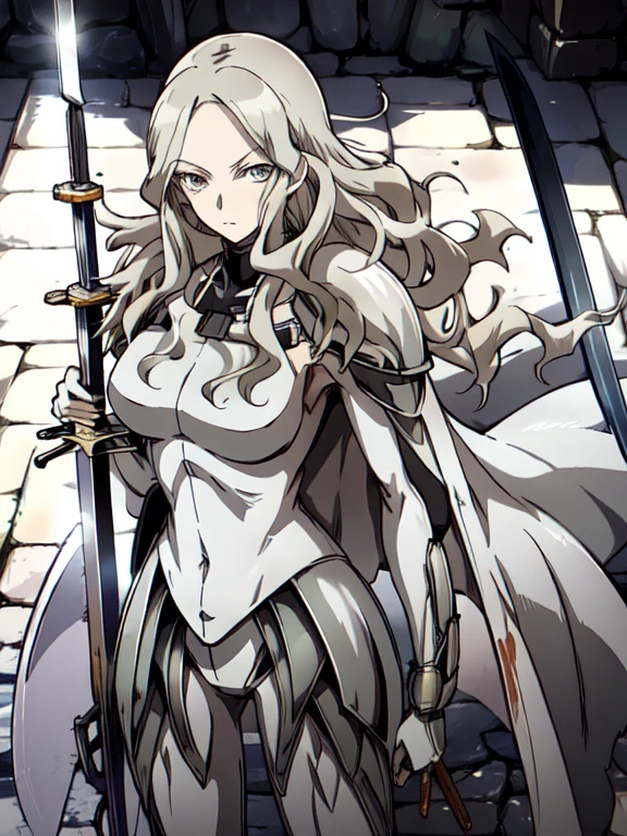 (grey eyes:1.2),fighting stance,(weapon, large_long_sword:1.2),armor,cape,shoulder armor,bodysuit,dajianTeresa,wavy hair,pale skin,looking at view,large breasts,contemptuous expression,best quality