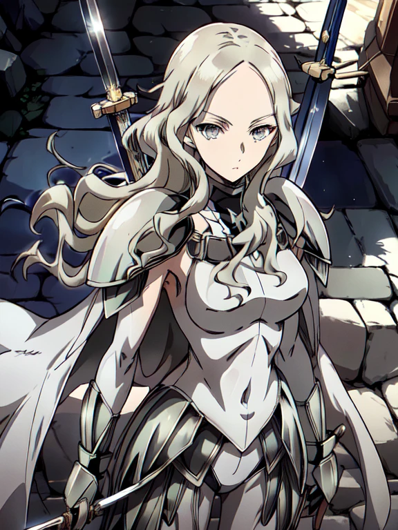 (grey eyes:1.2),fighting stance,(weapon, large_long_sword:1.2),armor,cape,shoulder armor,bodysuit,dajianTeresa,wavy hair,pale skin,looking at view,large breasts,contemptuous expression,best quality