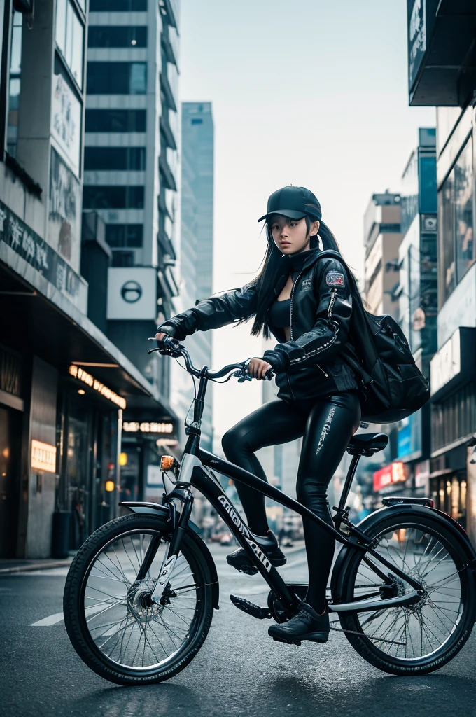 highest quality, masterpiece, photograph, 4K, photographrealistic, Very detailed, One girl riding a bike, Techwear, Cyberpunk City, alone, Futuristic, Huge moon in the background, Black and White, by Akira Toriyama, close