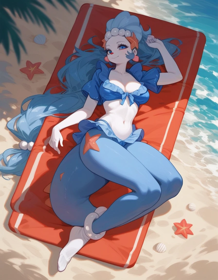 Solo, score_9,score_8_up,score_7_up, (source_furry, a primarina Pokemon, female primarina, full body shot, breasts, lounging on the beach