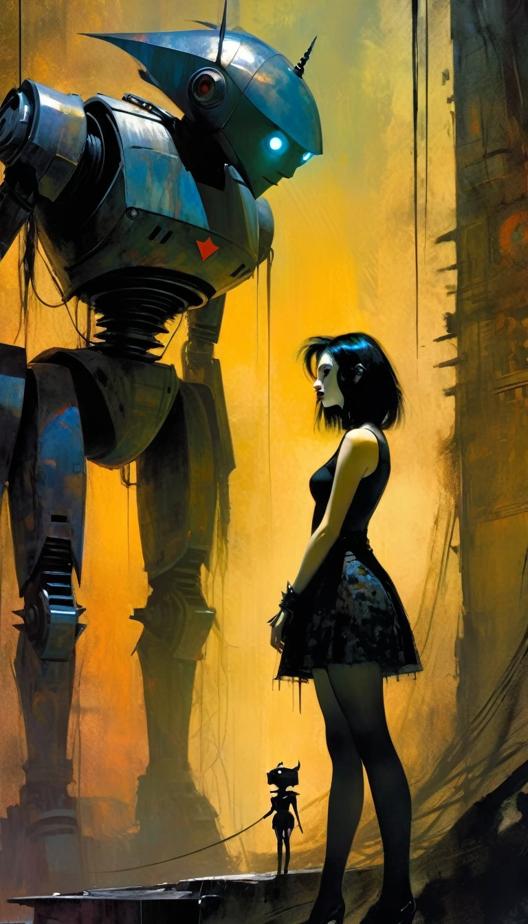 gothic punk sexy girl in love with robot giant monster (inspirational art by Dave McKean and Bill Sienkiewicz, oil painting, details of brush strokes that enhance depth) (best quality,4k,8k,highres,masterpiece:1.2),ultra-detailed,(realistic,photorealistic,photo-realistic:1.37),intricate details,vivid colors,sharp focus,professional,Dave McKean artwork, oil touch of surrealism,oil painting style,,dreamlike atmosphere,girl and giant robot, giant monster robot, sexy girl,shadow play,soft lighting,playful pose,minimalist room,dark hues,ethereal background,fantasy elements,texture,layered composition.
