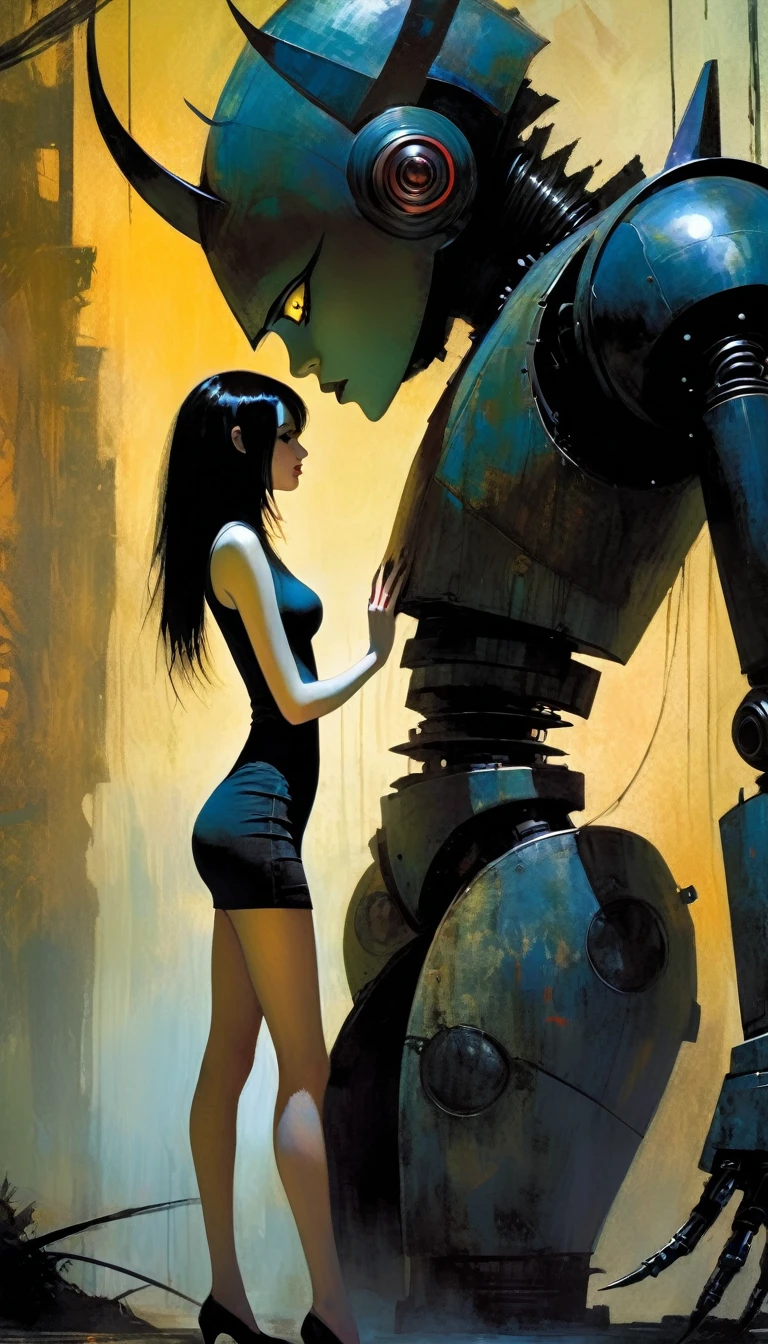 gothic punk sexy girl in love with robot giant monster (inspirational art by Dave McKean and Bill Sienkiewicz, oil painting, details of brush strokes that enhance depth) (best quality,4k,8k,highres,masterpiece:1.2),ultra-detailed,(realistic,photorealistic,photo-realistic:1.37),intricate details,vivid colors,sharp focus,professional,Dave McKean artwork, oil touch of surrealism,oil painting style,,dreamlike atmosphere,girl and giant robot, giant monster robot, sexy girl,shadow play,soft lighting,playful pose,minimalist room,dark hues,ethereal background,fantasy elements,texture,layered composition.