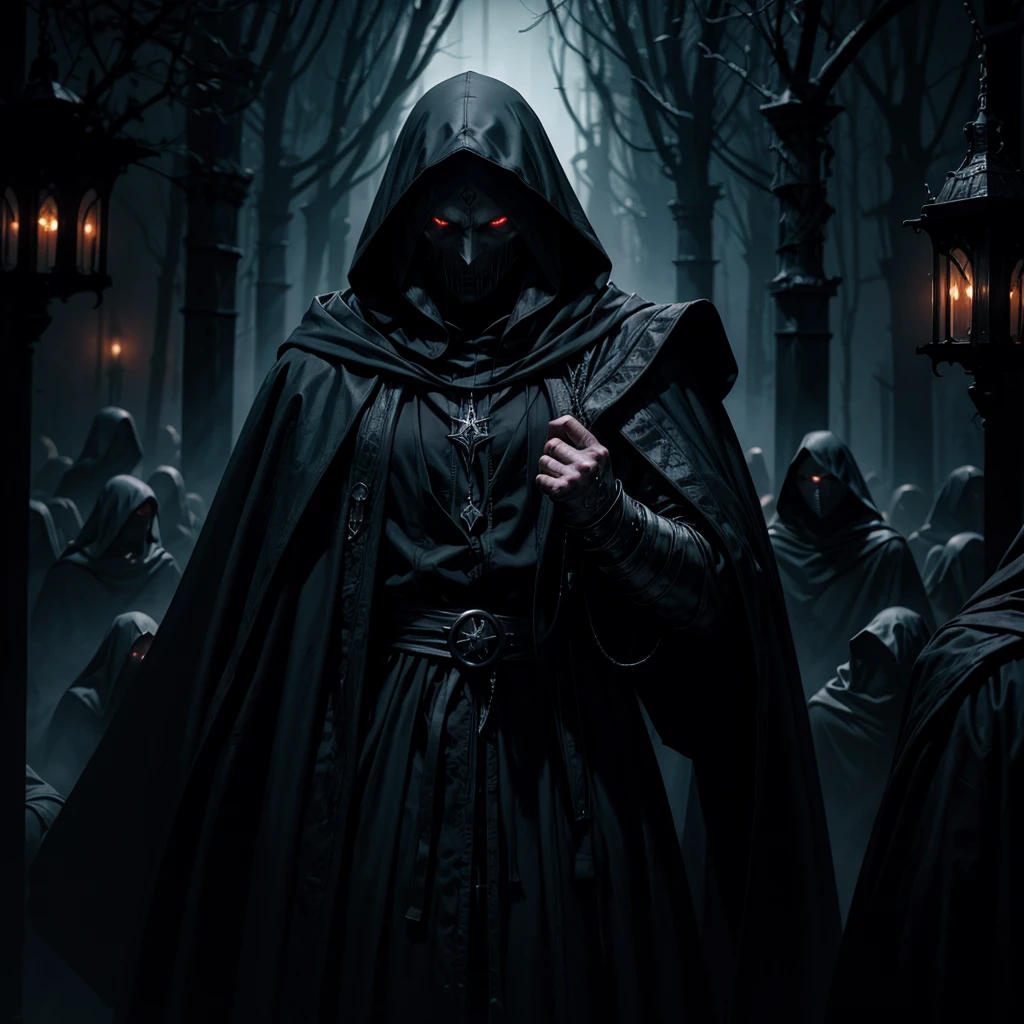 a dark mysterious hooded man,1 man,black robe hood,obscured face,horde of demons vampires,dark fantasy,chiaroscuro,dramatic shadows,highly detailed,cinematic lighting,dark moody atmosphere,digital painting,concept art,octane render,unreal engine,gothic,horror,dramatic,eerie,ominous