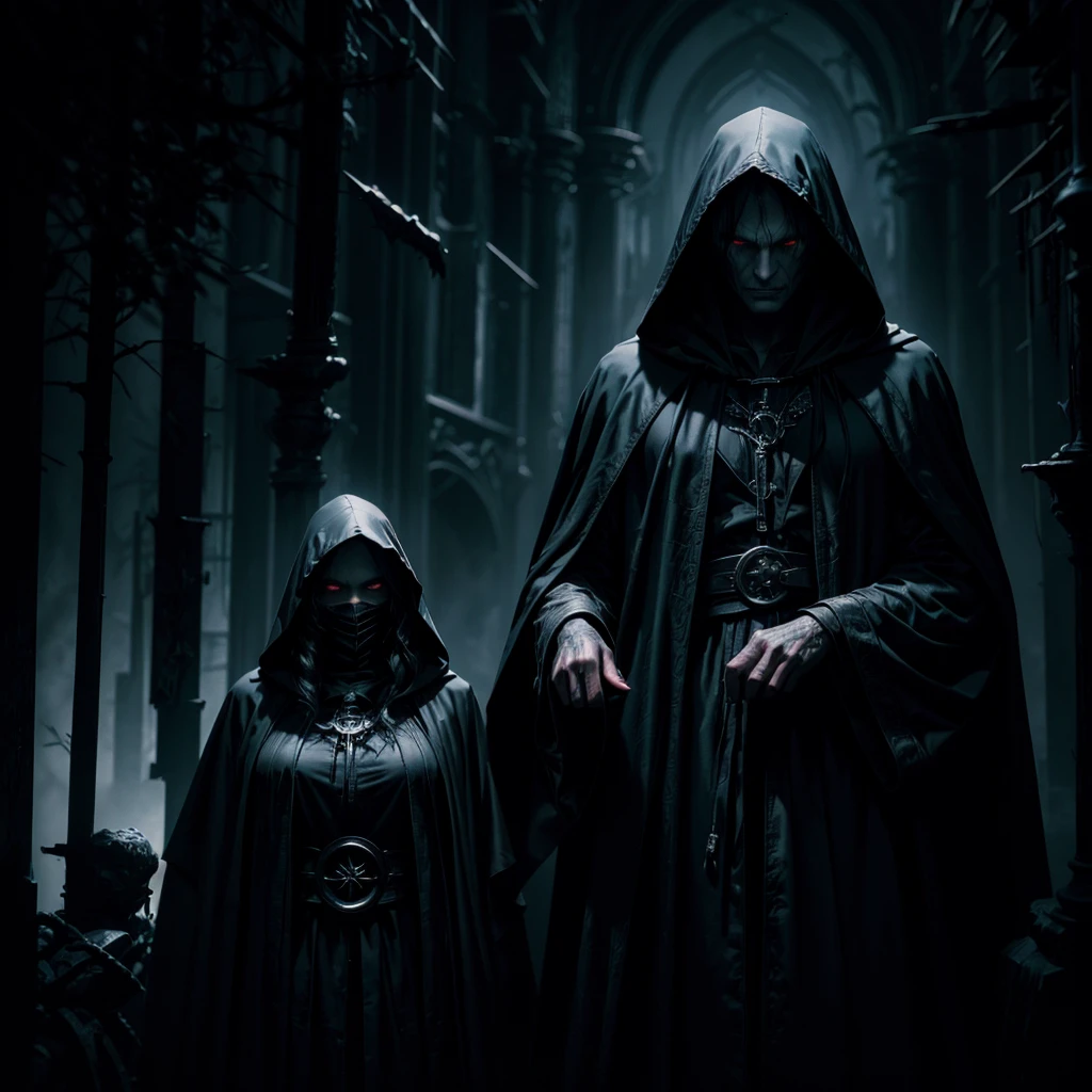 Generates an image with a low perspective at knee height. There are 8 people in sectarian clothing. The first person is a nun with her eyes completely covered by her own veil while she sticks out her tongue.. The second person is a half-zombie woman who is smiling and has her hair tied up.. The third person is a very tall woman who is covered in a completely black blanket.. The fourth person is a sun-headed man who smiles tightly in a mocking tone while holding a sword.. The fifth person is a woman with short hair and very noticeable circles under her eyes who is wearing black armor and looks upset.. The sixth person is a short woman with short white hair who is blind and is holding a book.. The sixth person is a shirtless man with burn scars who wears a fox mask.. The seventh person is a very thin man with long dirty green hair who looks like a zombie and has two short red scythes in his hands and the seventh person is a mysterious woman with a black robe and hood that covers half of her face.. They are very gloomy