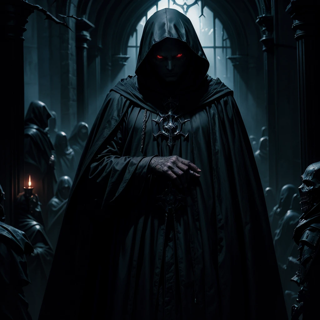 a dark mysterious hooded man,1 man,black robe hood,obscured face,horde of demons vampires,dark fantasy,chiaroscuro,dramatic shadows,highly detailed,cinematic lighting,dark moody atmosphere,digital painting,concept art,octane render,unreal engine,gothic,horror,dramatic,eerie,ominous