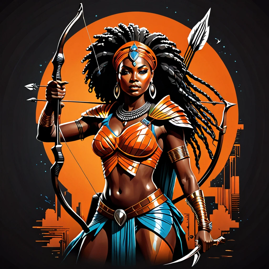 Vector t-shirt art design, centered, 80s dark fantasy movie, a thick body black woman in African warrior clothes holding sword and bow and arrow, orange clothes, African goddess of hunting, afrofuturism, afrofuturism fashion, ultra quality, masterpiece, intricate details, very detailed, beautiful face, 8K, cinematic scene, photorealistic