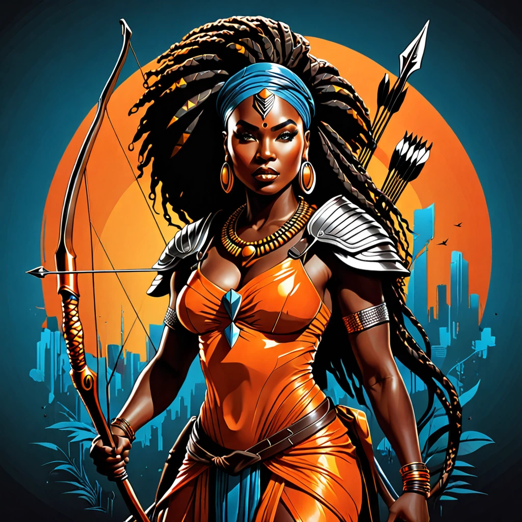 Vector t-shirt art design, centered, 80s dark fantasy movie, a thick body black woman in African warrior clothes holding sword and bow and arrow, orange clothes, African goddess of hunting, afrofuturism, afrofuturism fashion, ultra quality, masterpiece, intricate details, very detailed, beautiful face, 8K, cinematic scene, photorealistic
