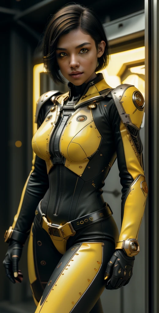 1 girl, solo, (look at viewer), ((Best quality)), ((masterpiece)), (detailed:1.4), ((upper body)), 3D, an image of a beautiful cyberpunk female,HDR (High Dynamic Range), Ray Tracing,NVIDIA RTX,Super-Resolution,Unreal 5,Subsurface scattering,PBR Texturing,Post-processing,Anisotropic Filtering,Depth-of-field,Maximum clarity and sharpness,Multi-layered textures,Albedo and Specular maps,Surface shading,Accurate simulation of light-material interaction,Perfect proportions,Octane Render,Two-tone lighting,Wide aperture,Low ISO,White balance,Rule of thirds,8K RAW, (((yellow eyes))), (((black short hair))), AlexTS, (dark skin:1.2), yellow eyes, black hair, short hair, medium breasts, yellow bodysuit, belt, (( gold amor))