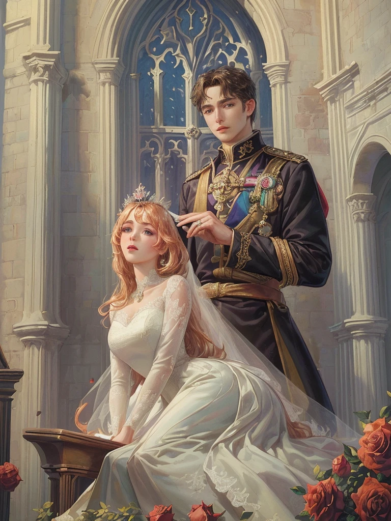 (((Best quality)), ((masterpiece)), (detailed), ((perfect face)), ((halfbody)) , 1 woman and 1 man, Make eye contact, female saint, Crown Prince, non-consensual marriage, romantic backdrop, Church, cathedral, wedding waste, rose petals,