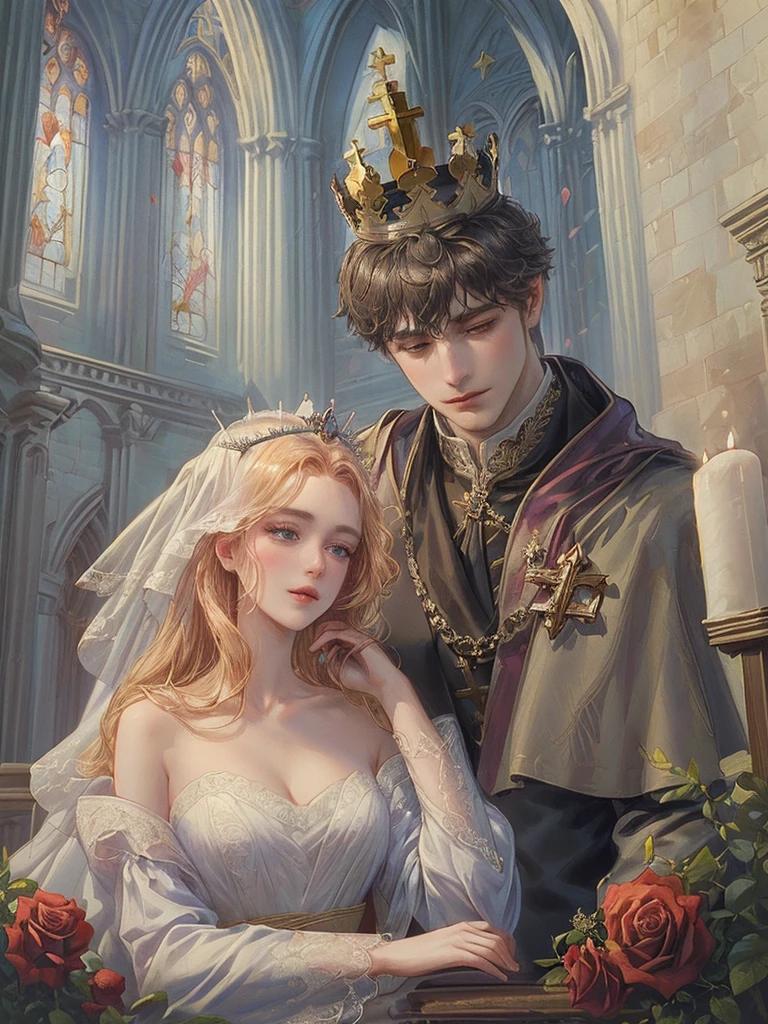 (((Best quality)), ((masterpiece)), (detailed), ((perfect face)), ((halfbody)) , 1 woman and 1 man, Make eye contact, female saint, Crown Prince, non-consensual marriage, romantic backdrop, Church, cathedral, wedding waste, rose petals,