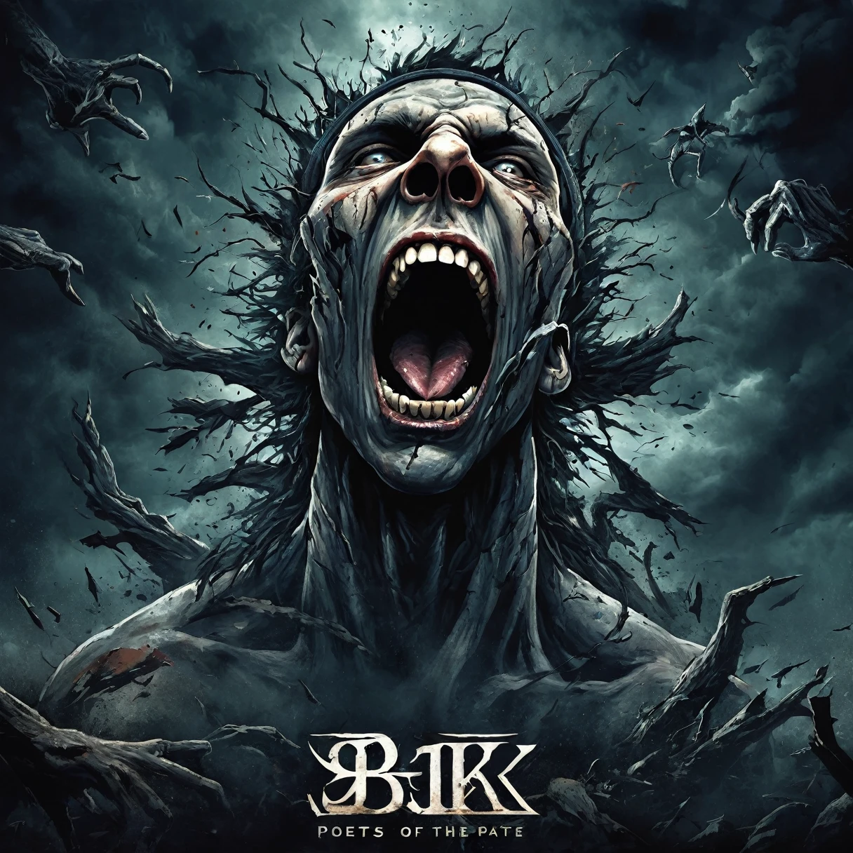 Create an album cover for the metalcore song titled 'Poets of the Desperate' by the band '8K'. The art should represent the theme of 'screaming my choices out' with a powerful, intense visual. Depict a figure in the center, screaming out into a chaotic, dark background with elements of despair and struggle. Use sharp, dramatic lines and dark, gritty colors. Incorporate abstract shapes and intense lighting to enhance the feeling of desperation and expression. Include the band name '8K' and the song name 'Poets Of The Desperate' in bold, distressed fonts.