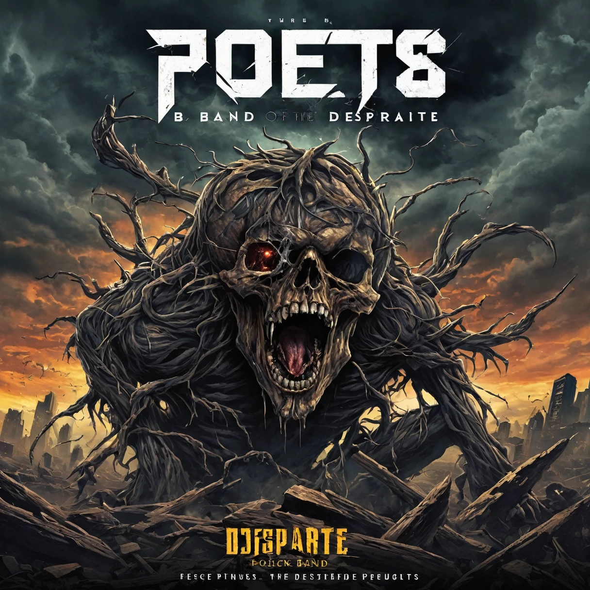 Create an album cover for the metalcore song titled 'Poets of the Desperate' by the band '8K'. The art should represent the theme of 'screaming my choices out' with a powerful, intense visual. Depict a figure in the center, screaming out into a chaotic, dark background with elements of despair and struggle. Use sharp, dramatic lines and dark, gritty colors. Incorporate abstract shapes and intense lighting to enhance the feeling of desperation and expression. Include the band name '8K' and the song name 'Poets Of The Desperate' in bold, distressed fonts.