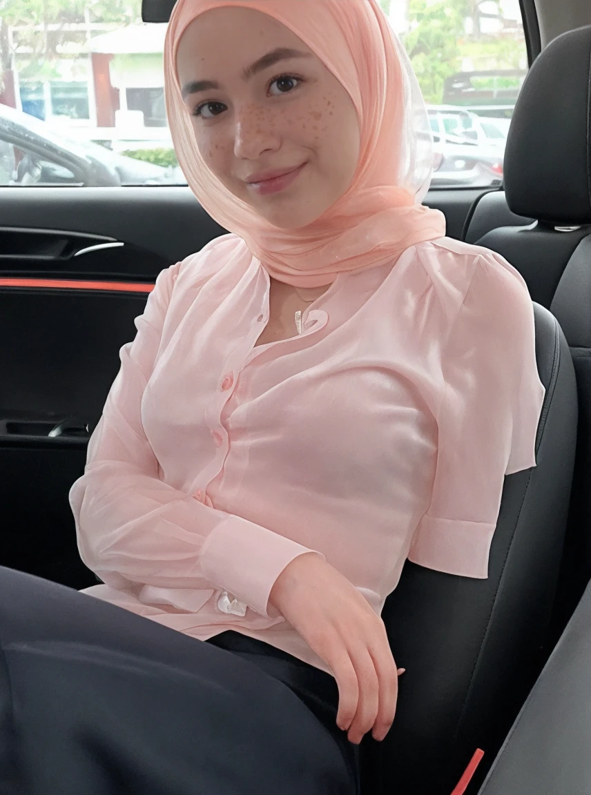 (closeup face selfie, young female, smirk, botox), rok panjang, (looking at viewer:1.2), (peach thin see through satin button shirt:1.3), (wearing a hijab:1.3), 25 years old, (sit on seat in a car:1.5), (, slim thin body, puffy nipples:1.2), (((realistic, blur, from buttom,)))