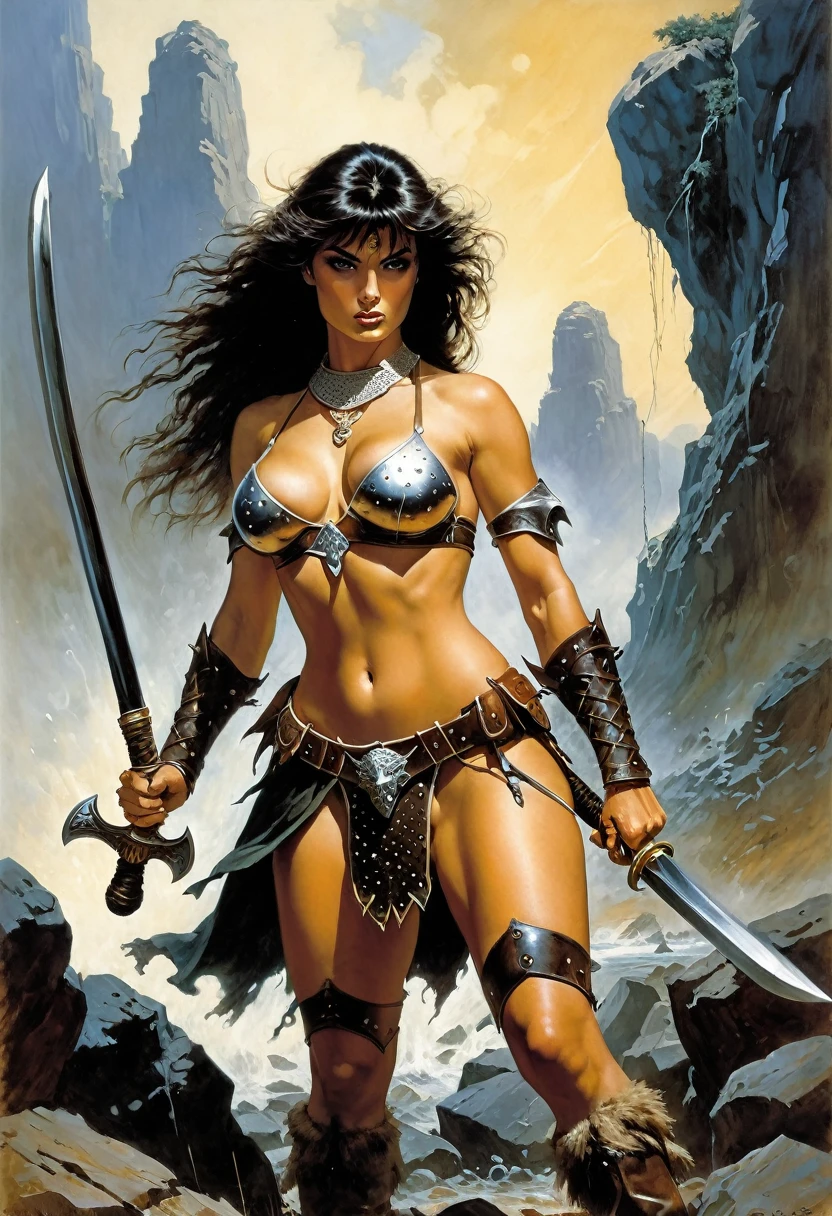 ((realistic:1.5)),((best quality)), ((masterpiece)),((detailed))a heroic sexy warrior, on an epic battlefield, stern, sword and axe, by Frank Frazetta, by Luis Royo, by boris vallejo,