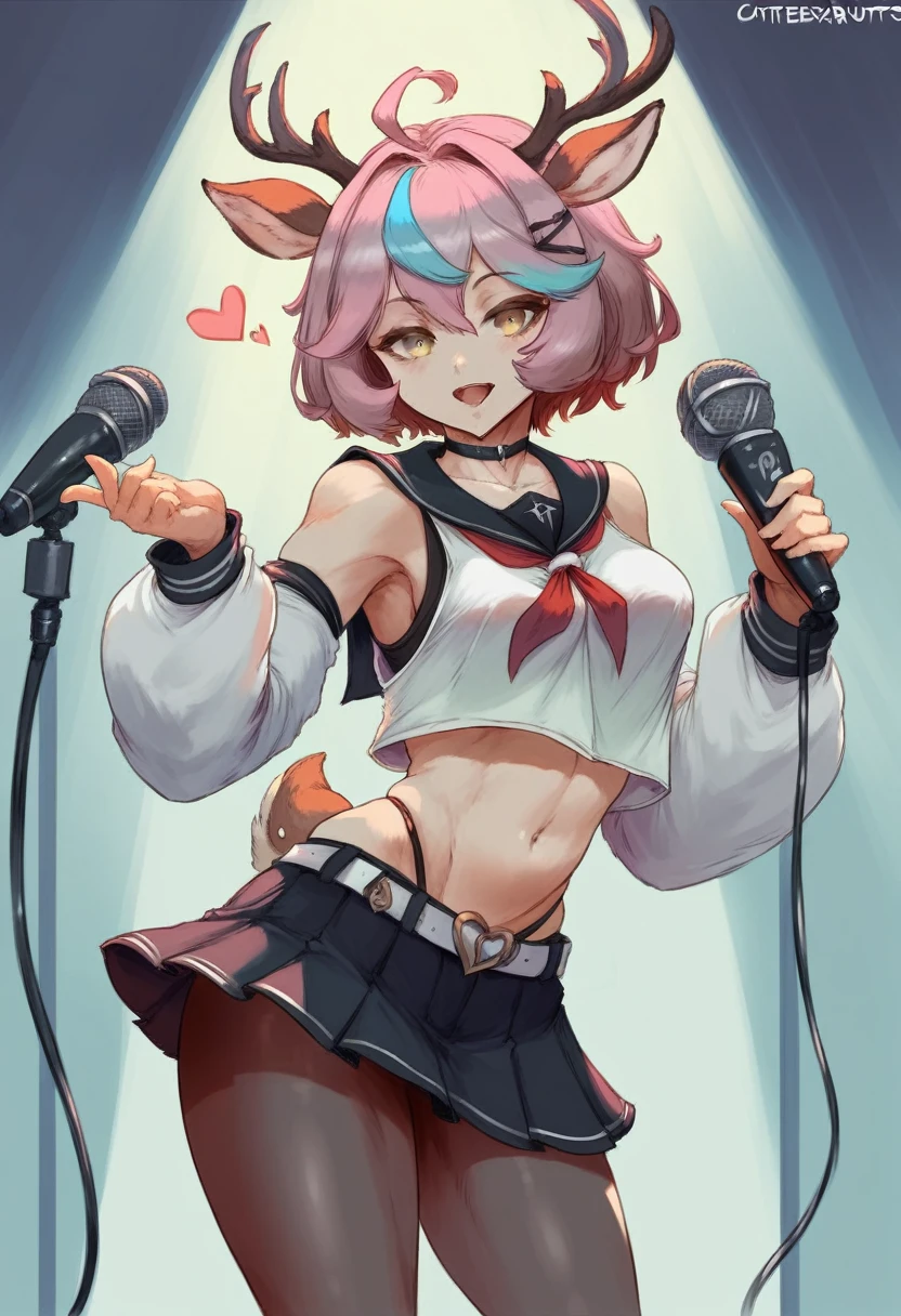cutesexyrobutts style, 1girl, skirt, microphone, solo, navel, animal_ears, yellow_eyes, midriff, holding, multicolored_hair, pantyhose, looking_at_viewer, crop_top, antlers, open_mouth, blue_hair, pink_hair, holding_microphone, short_hair, black_skirt, smile, sailor_collar, shirt, detached_sleeves, ahoge, pleated_skirt, breasts, virtual_youtuber, belt, white_shirt, black_sailor_collar, heart, choker, long_sleeves, armpits, horns, stomach, deer_ears, :d, sleeveless, miniskirt, glowstick, sleeveless_shirt, cowboy_shot, blush, hair_ornament, bare_shoulders, standing, streaked_hair, black_pantyhose, screen