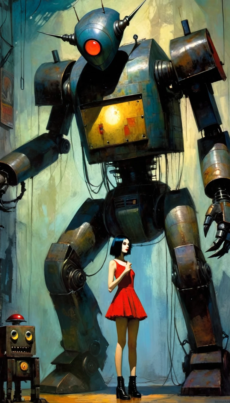 gothic punk sexy girl in love with robot giant monster (inspirational art by Dave McKean and Bill Sienkiewicz, oil painting, details of brush strokes that enhance depth) (best quality,4k,8k,highres,masterpiece:1.2),ultra-detailed,(realistic,photorealistic,photo-realistic:1.37),intricate details,vivid colors,sharp focus,professional,Dave McKean artwork, oil touch of surrealism,oil painting style,,dreamlike atmosphere,girl and giant robot, giant monster robot, sexy girl,shadow play,soft lighting,playful pose,minimalist room,dark hues,ethereal background,fantasy elements,texture,layered composition.