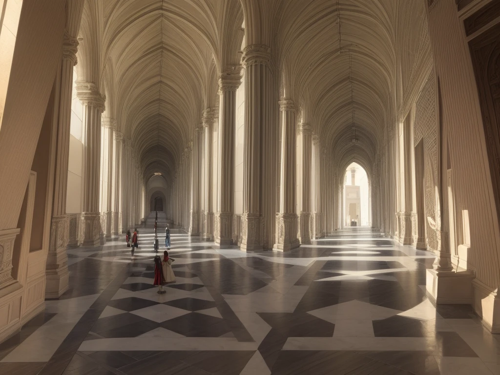 huge hall, com pilares altos e uma porta enorme, pequena escadaria, pessoas entrando e saindo com armaduras e roupas de mago