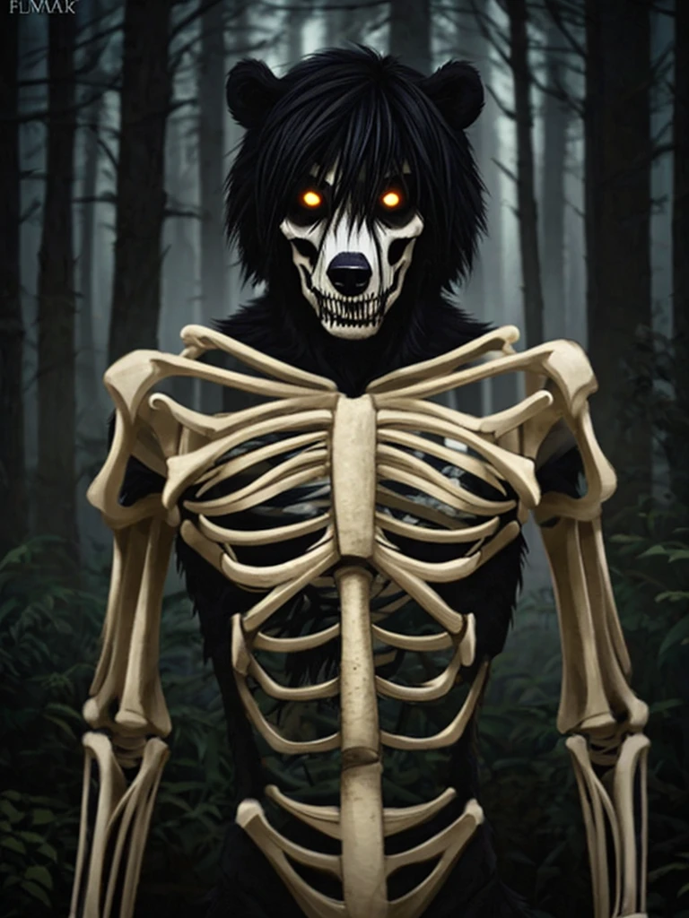 (best quality, masterpiece:1), solo, furry male anthro, read eyes, short hair, black hair, portrait, fingers, finger claws, looking at viewer, bear, black fur, (outdoors dark forest trees blurry blurred background:1.1), Skeleton paint, creepy, scary, powerful, big, tall, large, agressive, spooky, fog background,