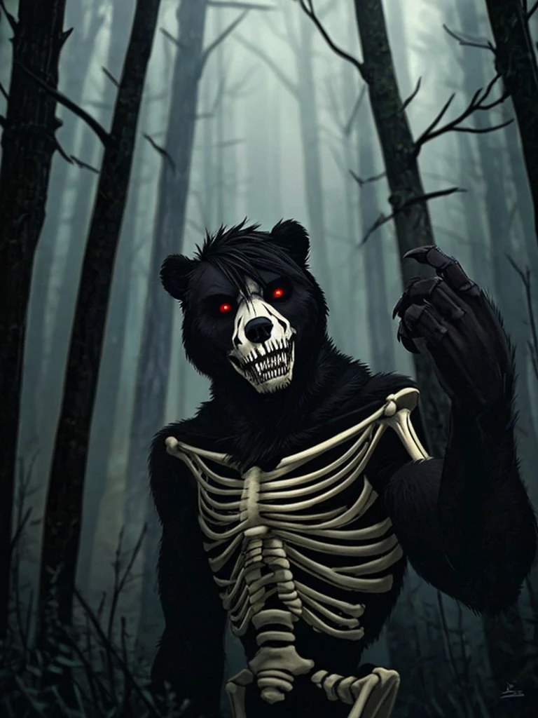 (best quality, masterpiece:1), solo, furry male anthro, read eyes, short hair, black hair, portrait, fingers, finger claws, looking at viewer, bear, black fur, (outdoors dark forest trees blurry blurred background:1.1), Skeleton paint, creepy, scary, powerful, big, tall, large, agressive, spooky, fog background,