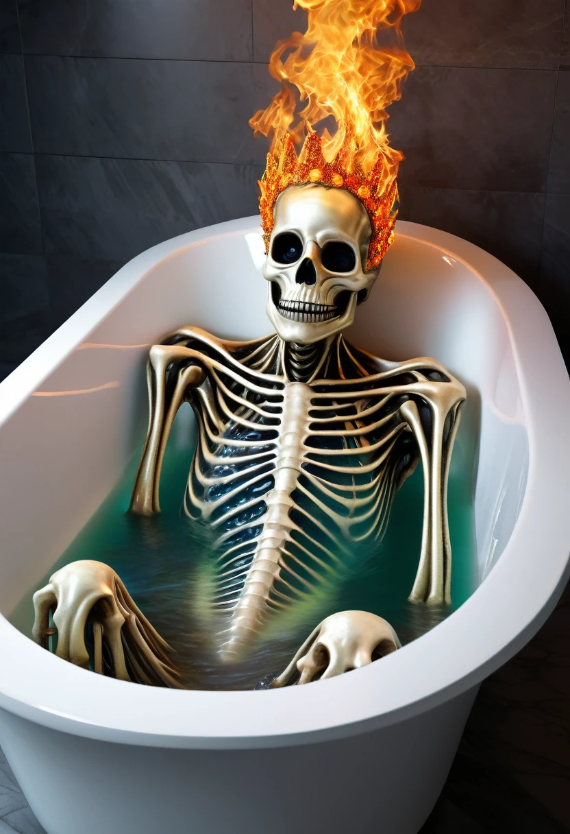 Danligur, the Fire Skeleton King, Eva, emerging, fallen alien children in a bathtub, hyperrealism