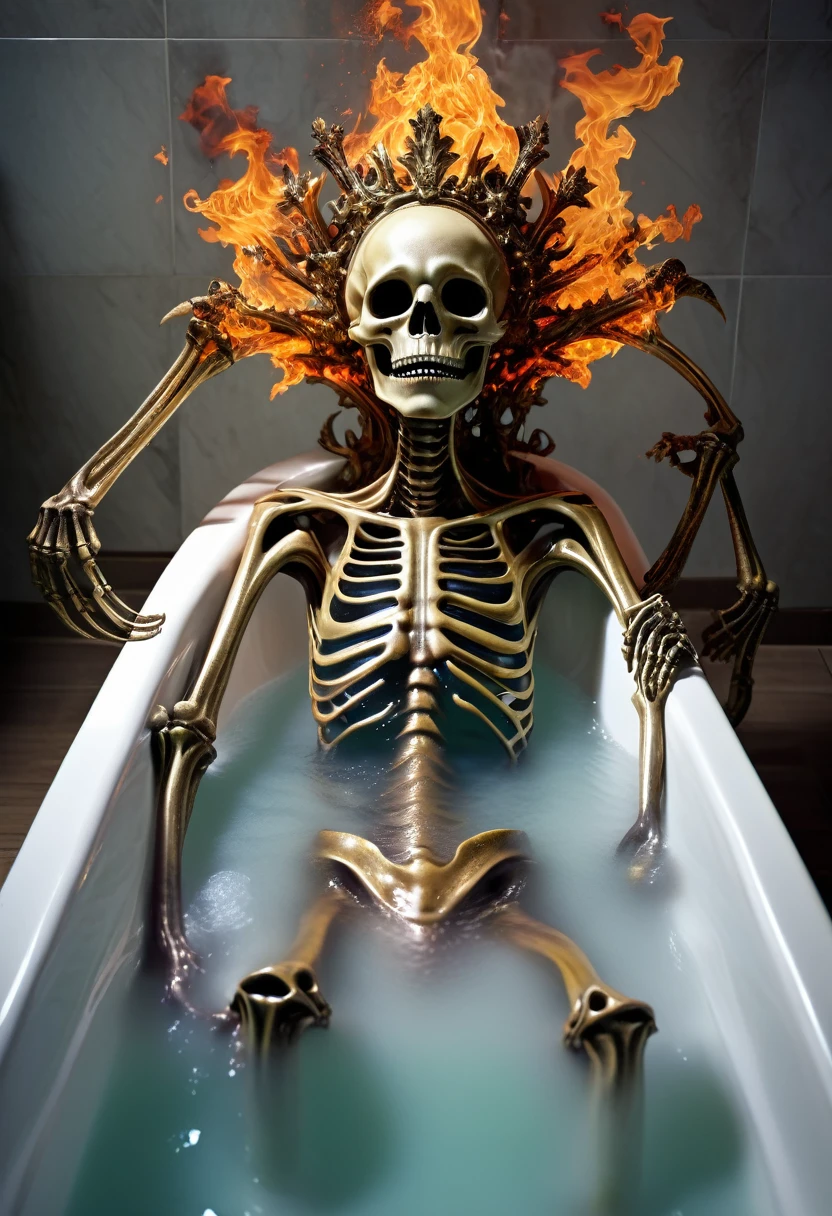 Danligur, the Fire Skeleton King, Eva, emerging, fallen alien children in a bathtub, hyperrealism