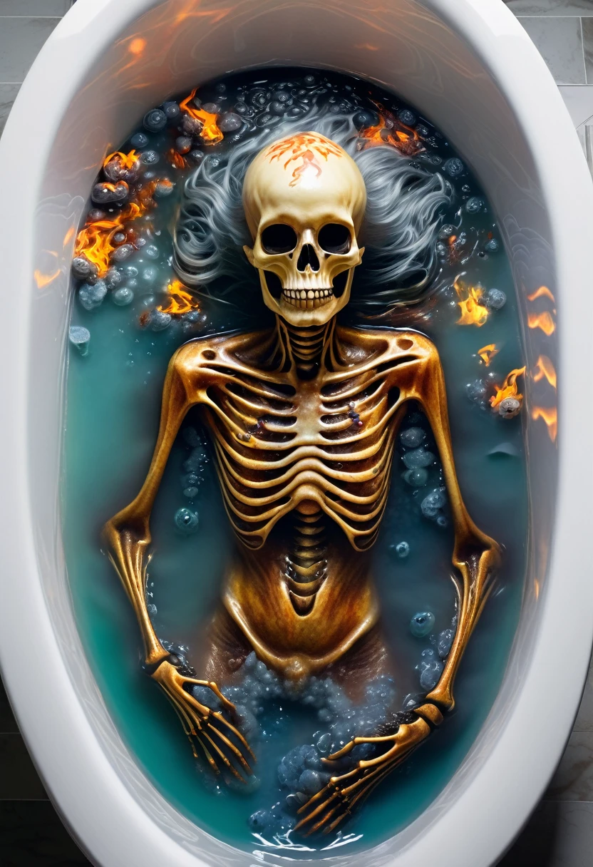 Danligur, the Fire Skeleton King, Eva, emerging, fallen alien children in a bathtub, hyperrealism