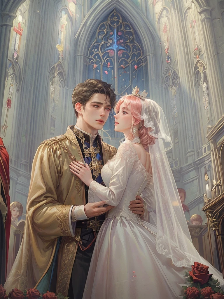 (((Best quality)), ((masterpiece)), (detailed), ((perfect face)), ((halfbody)) , 1 woman and 1 man, Make eye contact, female saint, Crown Prince, non-consensual marriage, romantic backdrop, Church, cathedral, wedding waste, rose petals,