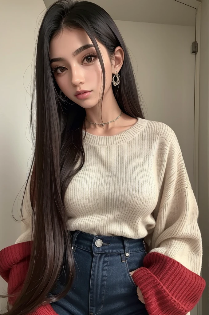 1 garota em, 19 anos, Sozinho, cabelo longo, Colossal , olhando para o espectador, cabelo loiro, Ombros nus, olhos castanhos, jewelry, corpo todo, um colar, fora dos ombros, Sweaters, realista, Uma sexy