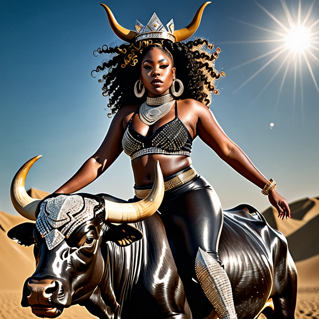 A thick black woman with a ((bull horn crown)) made of diamonds riding a Bull, bull zodiac sign, black woman riding a bull, black hip hop clothes, afrofuturism, hip hop clothes, rapper, ultra quality, beautiful face, curly Hair, very detailed