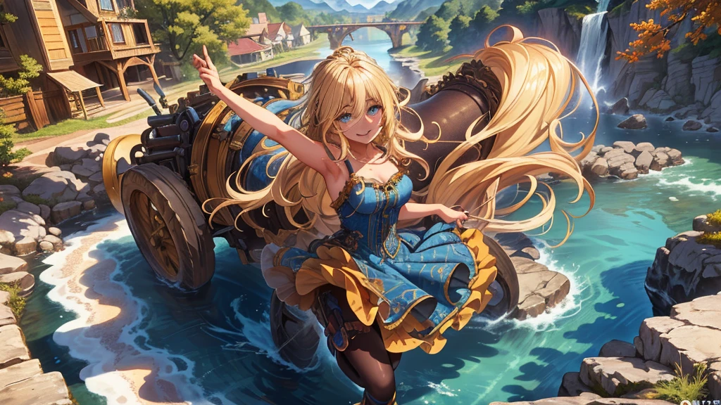 Smiling confidently, blue eyes, blonde hair, makeup, (extremely detailed CG unity 4k wallpaper),(masterpiece),(best quality),(ultra-detailed),(best illustration),(best shadow),(absurdres),(detailed background), Contemporary setting, Park, Short blonde hair (unkempt and messy), Sundress, Cowgirl boots,