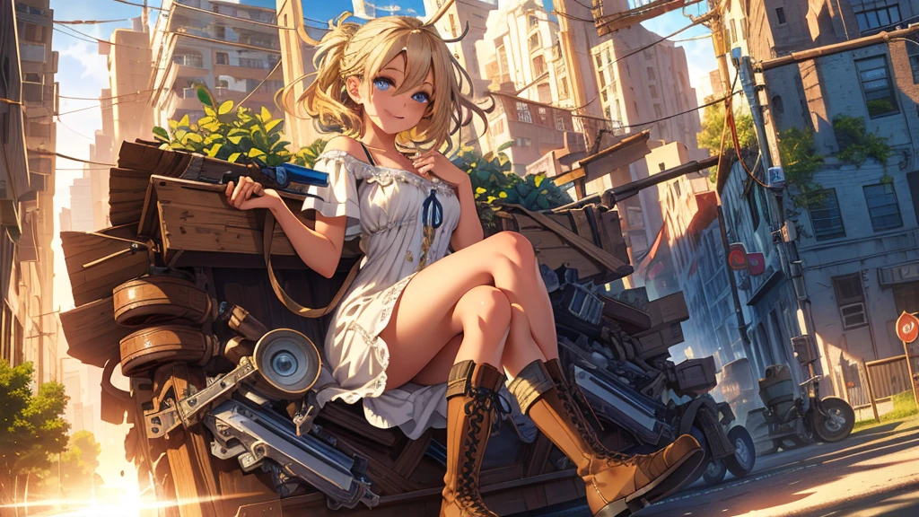 Smiling confidently, blue eyes, blonde hair, makeup, (extremely detailed CG unity 4k wallpaper),(masterpiece),(best quality),(ultra-detailed),(best illustration),(best shadow),(absurdres),(detailed background), Contemporary setting, Park, Short blonde hair (unkempt and messy), Sundress, Cowgirl boots,