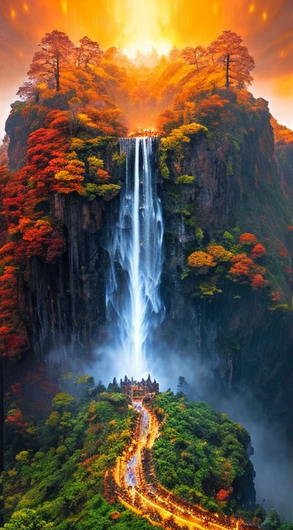 Masterpiece A beautiful giant castle with huge, detailed towers in a dark realm with lava everywhere and dragons with scales, olhos vermelhos e fogo cuspindo no ar tudo muito detalhado, This kingdom must have a waterfall coming out from under it some giant trees around this waterfall, There must be a magical giant entrance next to this waterfall, intrincado, master part, especialista, insanamente detalhado, 4k, compositing, enquadramento, Centrado, simetria, Pintado, intrincado, volumeric lighting, Beautiful, Cores profundas ricas, sharp focus, obra-prima ultra-detalhada no estilo de Dan Mumford e Marc Simonetti, astrofotografia(Ultra HD |)