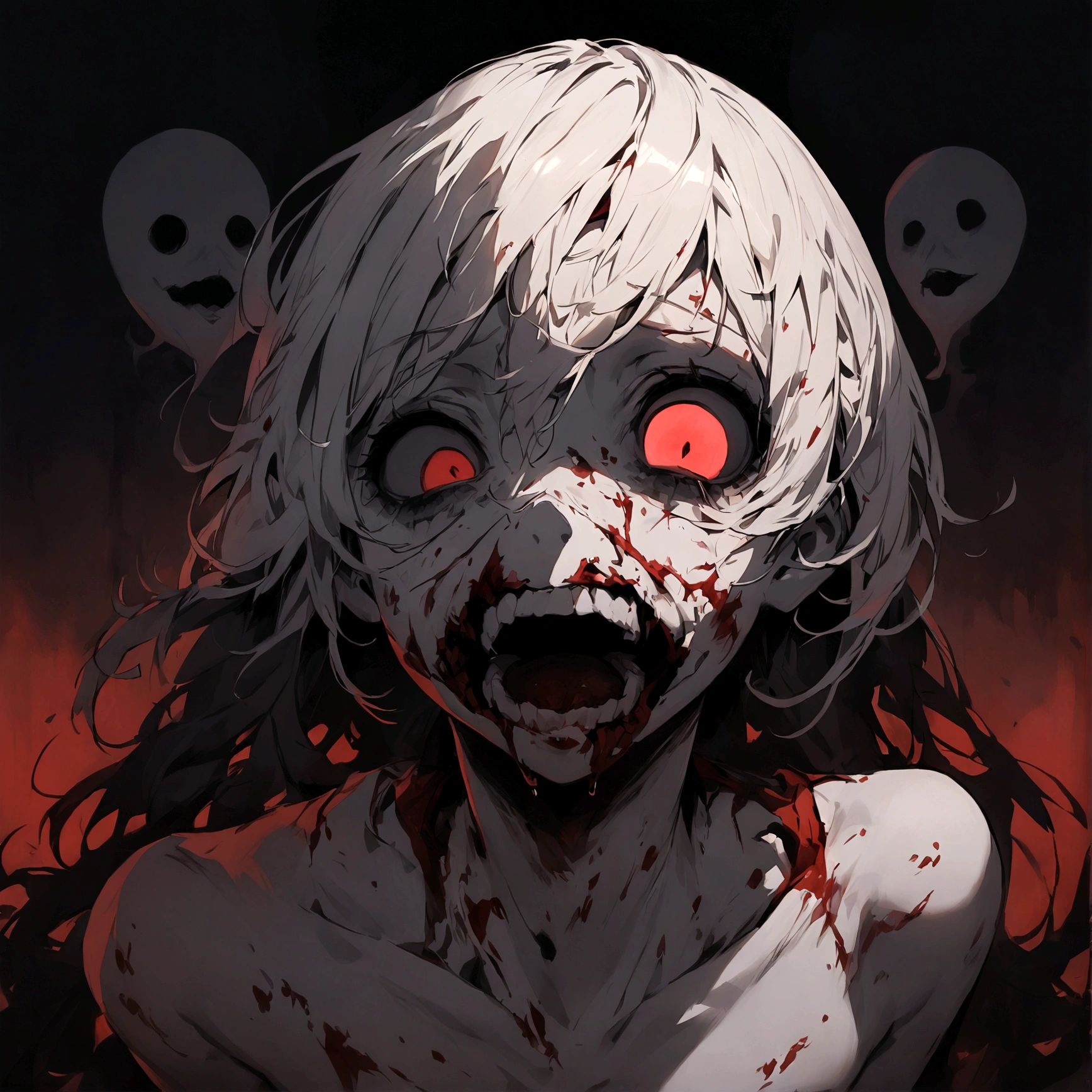 (masterpiece), best quality, Ghost, pale skin, blood red sclera, black pupil, Eyes open wide, Horror, scary, Monster, Very Pale, eye borders shadowy, Nose bleeding, malformed mouth, skinless mouth, disfigured mouth, exposed bloody broken teeth, scary, in the shadows